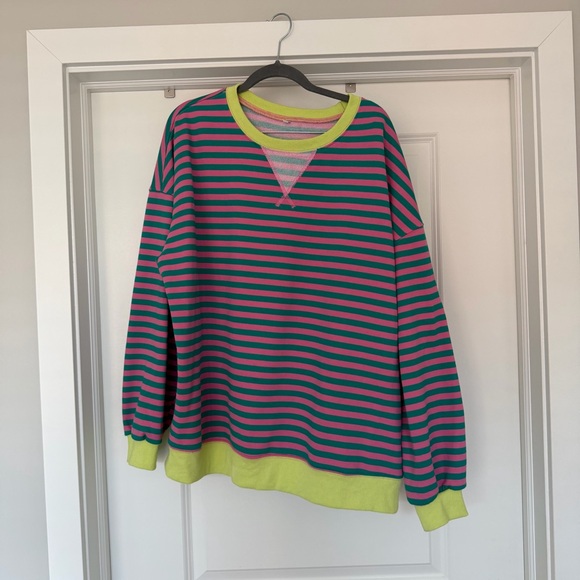 Women’s Striped Crewneck Sweater in Teal & Pink with Lime Trim - Picture 2 of 4